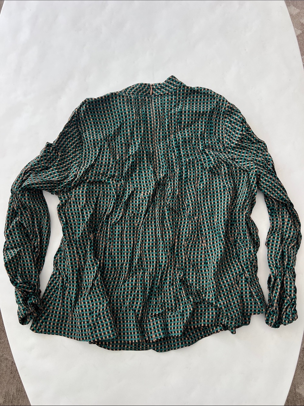 GANNI Checkered Green Tan Black Longsleeve Blouse 2/XS $215 - Picture 3 of 6